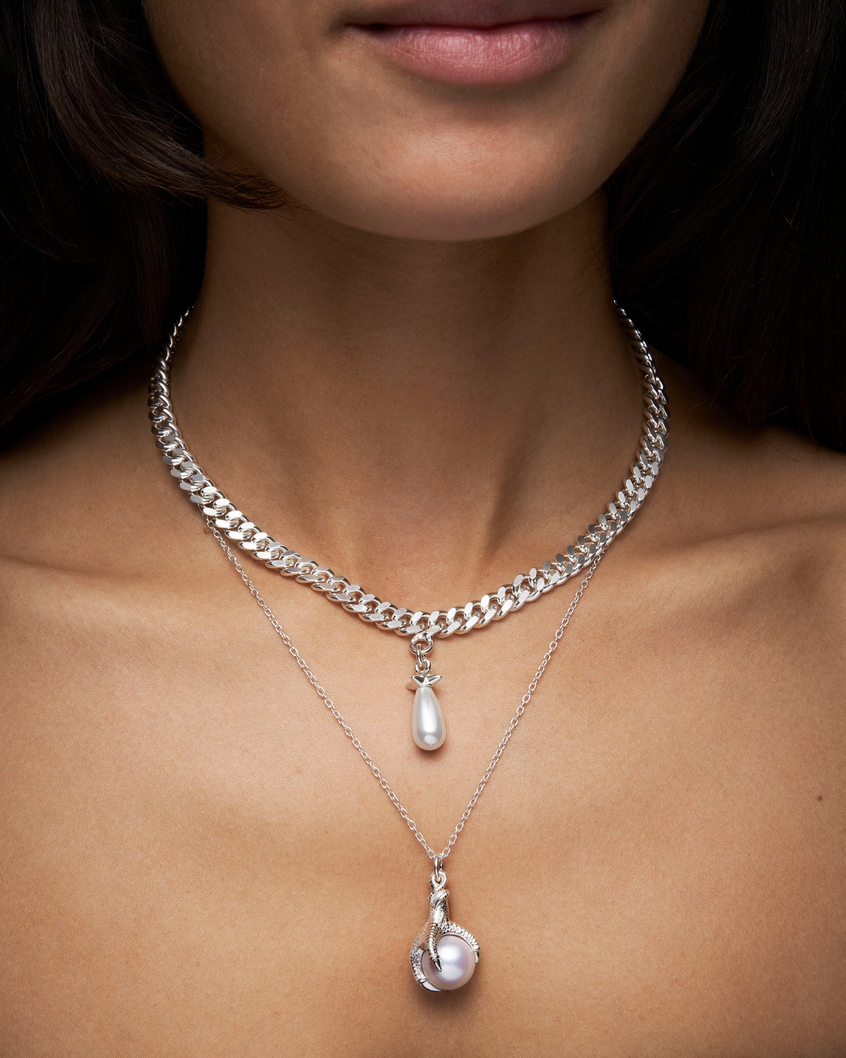 Chunky Chain Drop Pearl Necklace - Bold Sterling Silver Elegance