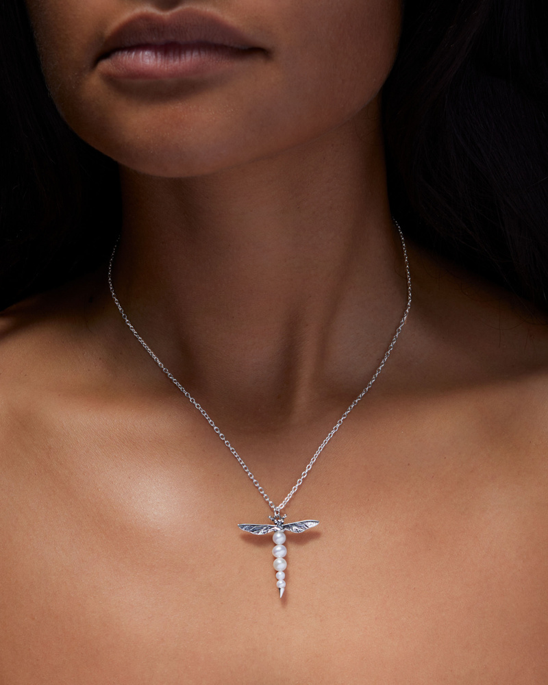 Dragonfly Necklace - 925 Sterling Silver with Freshwater Pearl